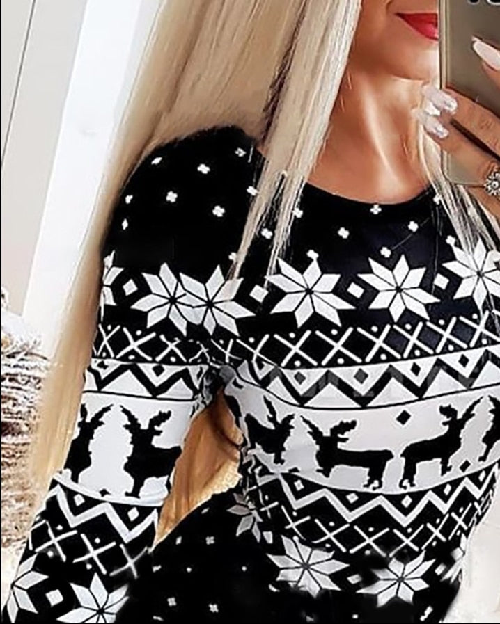 Christmas Women's Dresses 2022 Autumn Long Sleeve Fashion Snowflake Elk Print Casual O-Neck Daily Skinny Mini Dress - Amazhona 