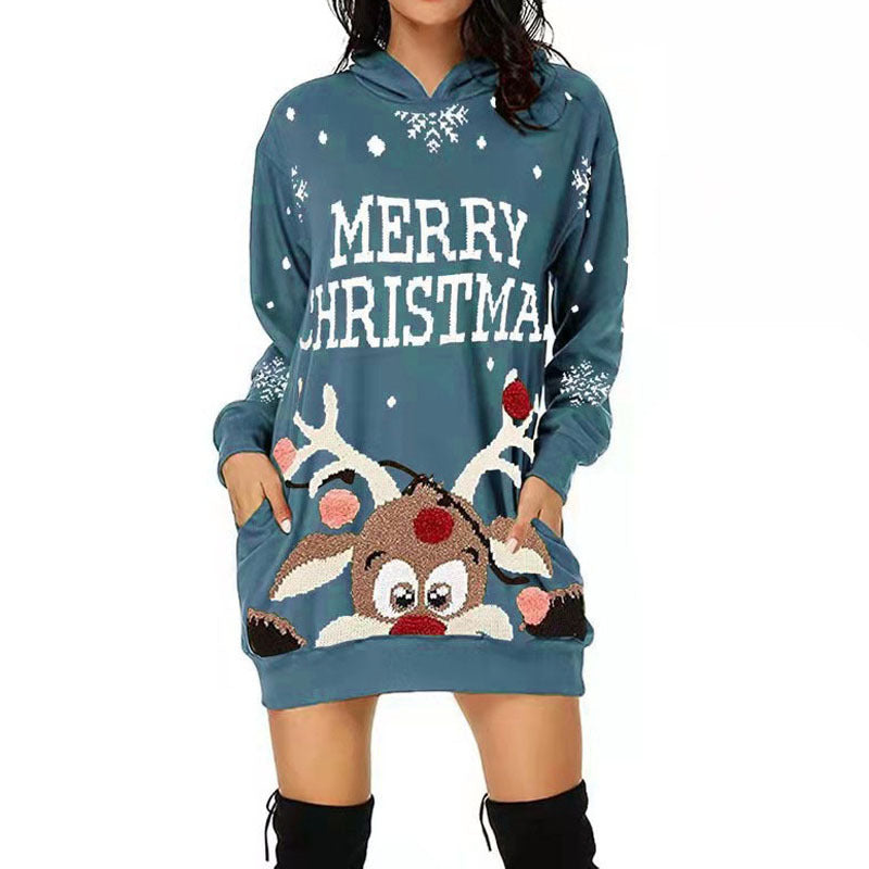 Christmas Women's Printed Mid-length Pocket Hooded Long Sleeve Sweatshirt - Amazhona 