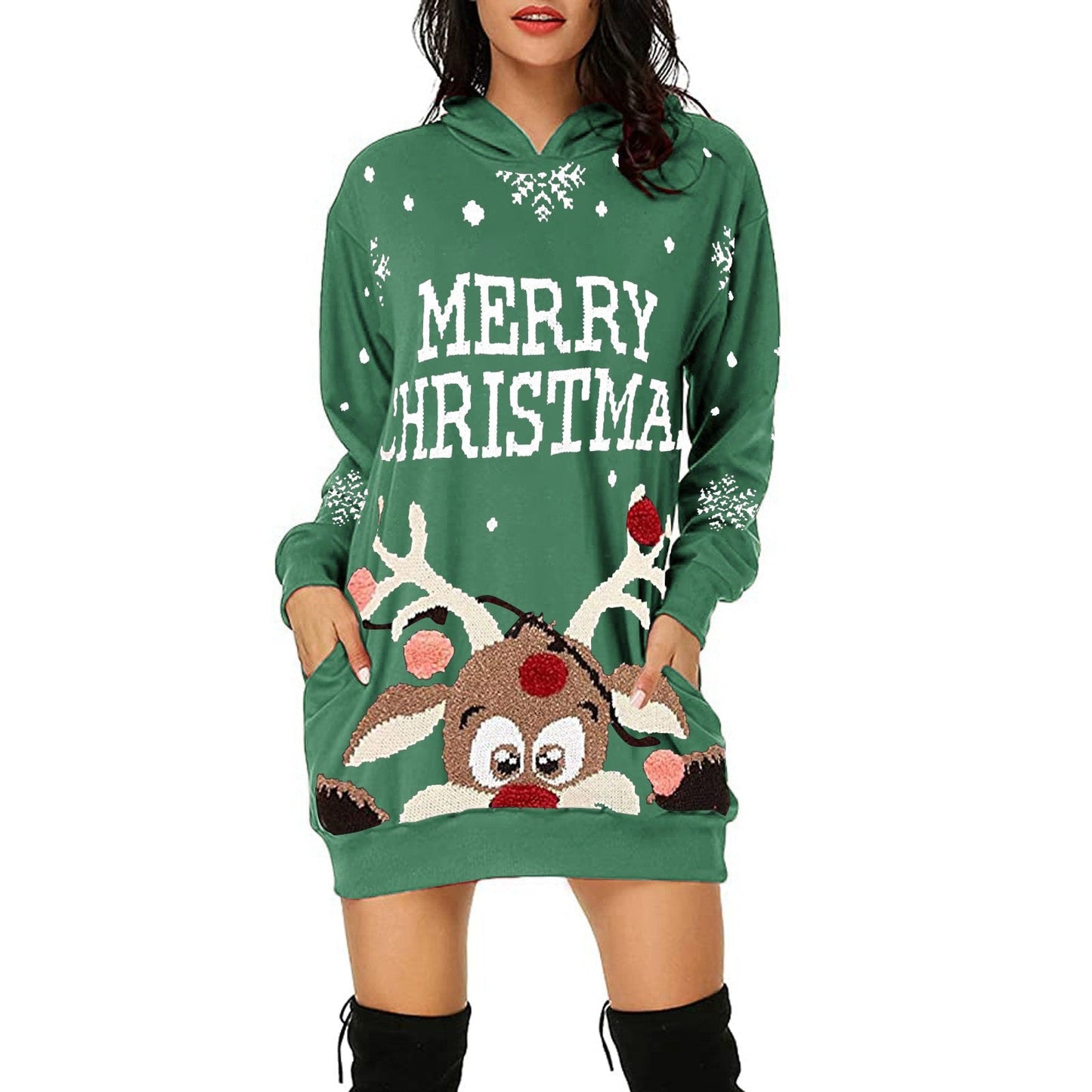 Christmas Women's Printed Mid-length Pocket Hooded Long Sleeve Sweatshirt - Amazhona 