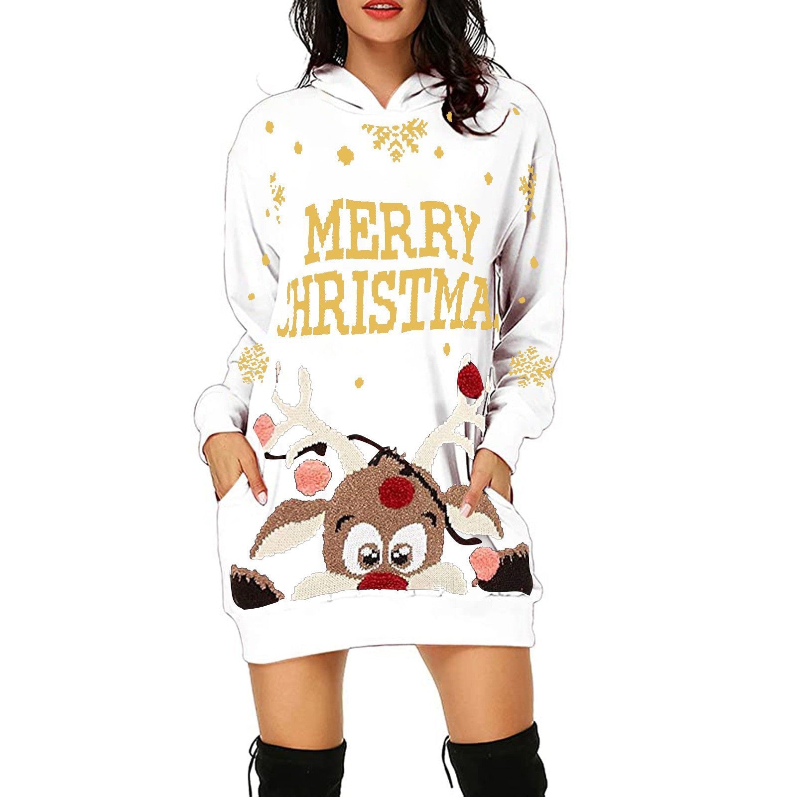 Christmas Women's Printed Mid-length Pocket Hooded Long Sleeve Sweatshirt - Amazhona 