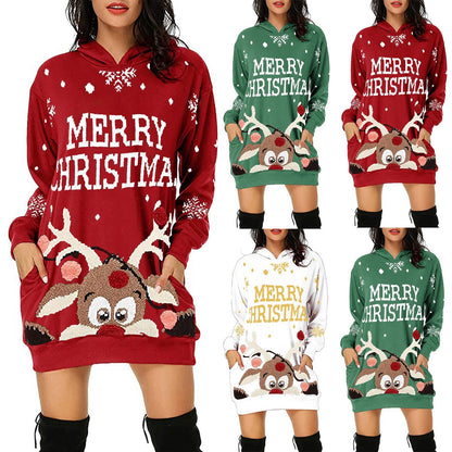 Christmas Women's Printed Mid-length Pocket Hooded Long Sleeve Sweatshirt - Amazhona 