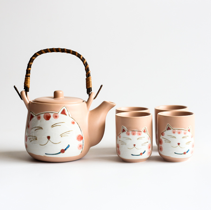 Creative Hand-painted Lucky Cat Ceramic Tea Set One Pot Four Cup Gift Set Home  Black Two - Amazhona 