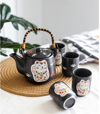 Creative Hand-painted Lucky Cat Ceramic Tea Set One Pot Four Cup Gift Set Home  Black Two - Amazhona 