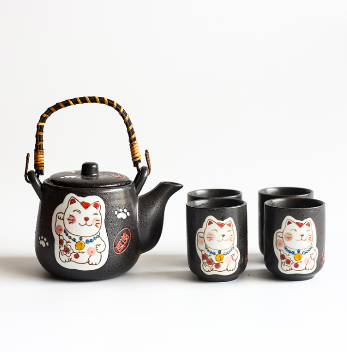 Creative Hand-painted Lucky Cat Ceramic Tea Set One Pot Four Cup Gift Set Home  Black Two - Amazhona 