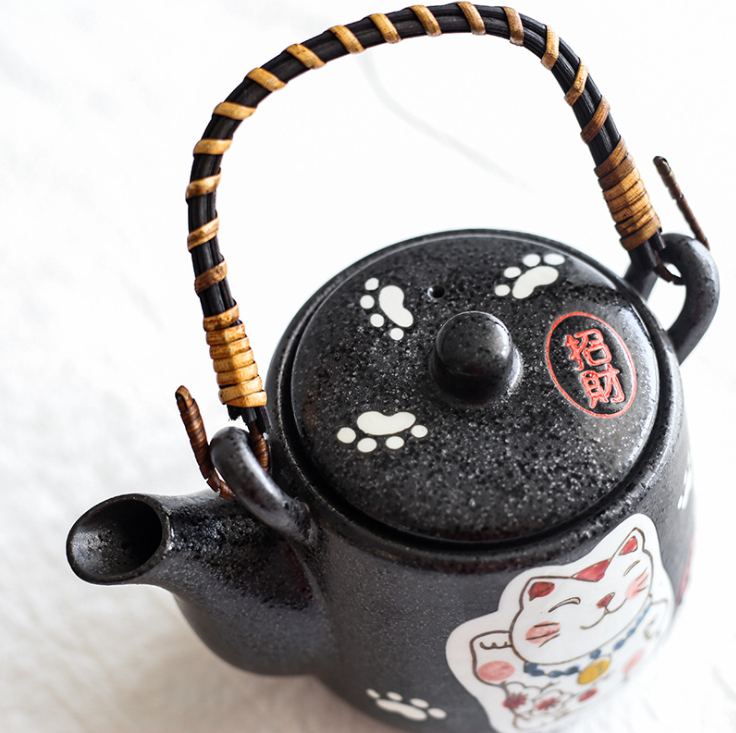 Creative Hand-painted Lucky Cat Ceramic Tea Set One Pot Four Cup Gift Set Home  Black Two - Amazhona 