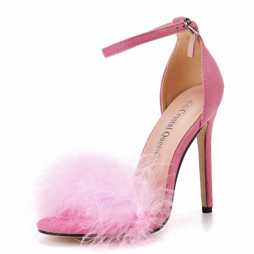 Crystal Queen Women Summer Sandals Fluffy Peep Toe Stilettos High Heels  Fur Feather Lady Wedding Shoes  Large Size 42 - Amazhona 