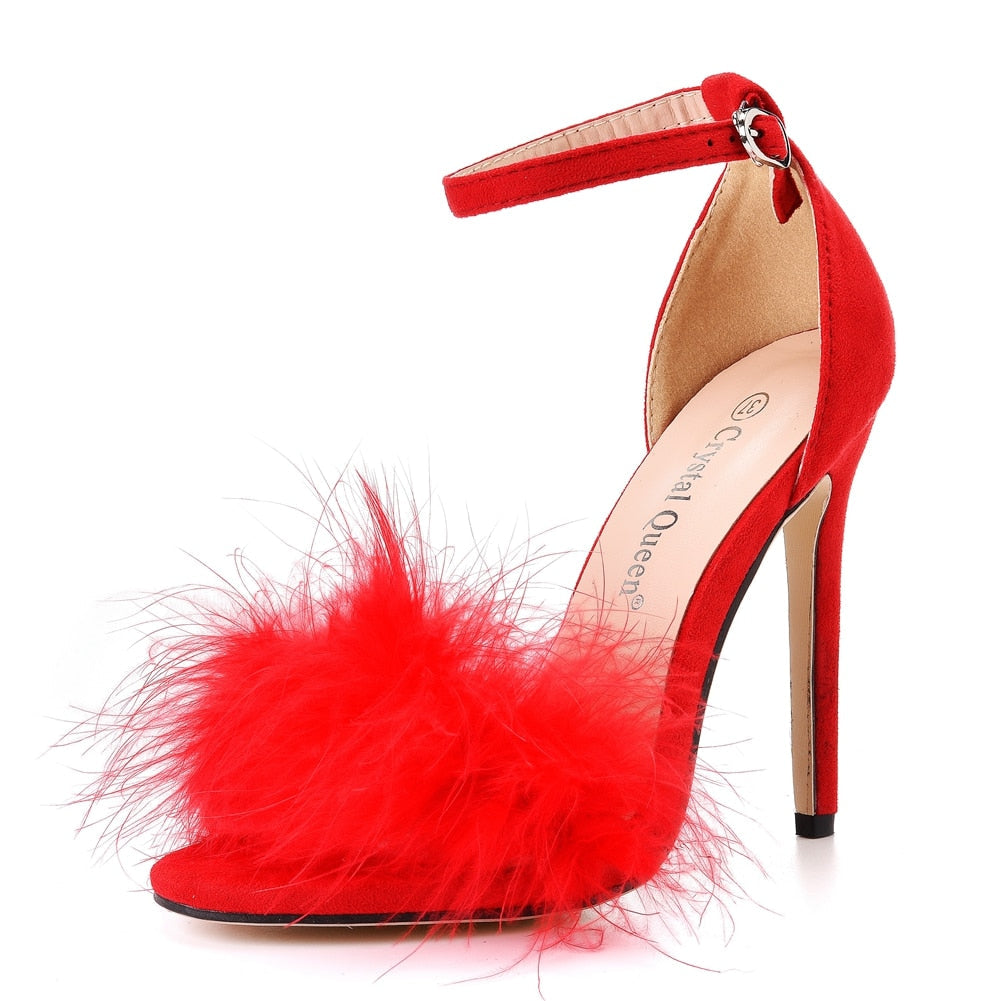 Crystal Queen Women Summer Sandals Fluffy Peep Toe Stilettos High Heels  Fur Feather Lady Wedding Shoes  Large Size 42 - Amazhona 