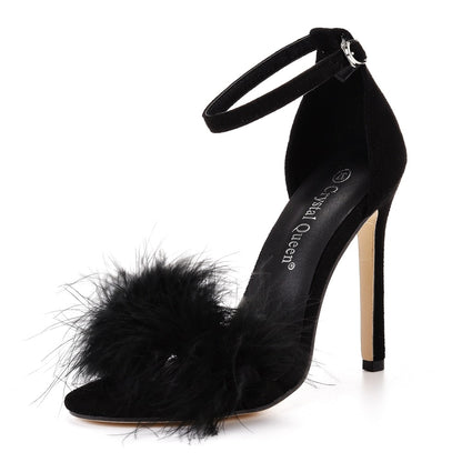 Crystal Queen Women Summer Sandals Fluffy Peep Toe Stilettos High Heels  Fur Feather Lady Wedding Shoes  Large Size 42 - Amazhona 