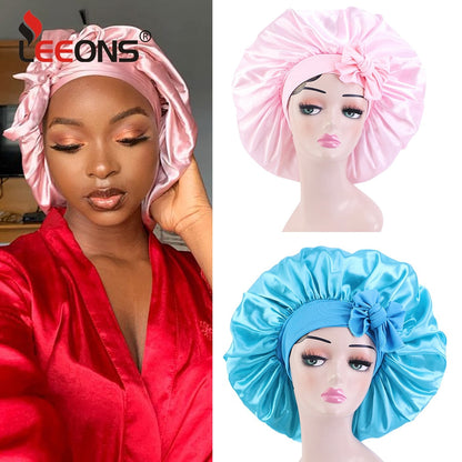 Custom Logo Women'S Satin Bonnet With Wide Stretch Ties Band Long Tail Bonnet Satin Cheveux Nuit Silk Sleeping Night Cap Bonnets - Amazhona 