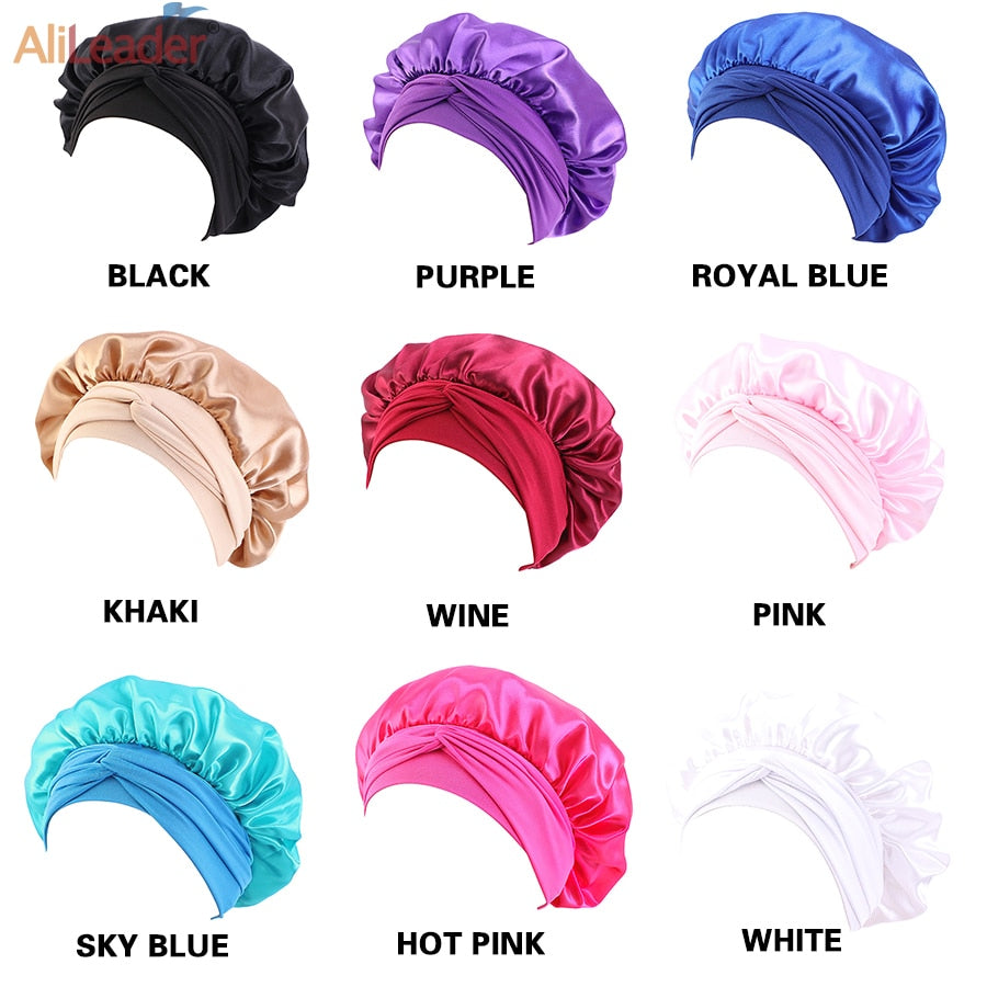 Custom Logo Women'S Satin Bonnet With Wide Stretch Ties Band Long Tail Bonnet Satin Cheveux Nuit Silk Sleeping Night Cap Bonnets - Amazhona 