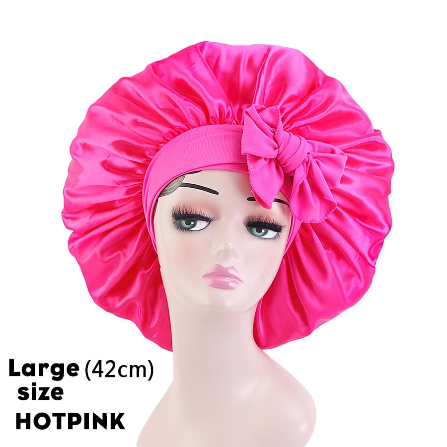 Custom Logo Women'S Satin Bonnet With Wide Stretch Ties Band Long Tail Bonnet Satin Cheveux Nuit Silk Sleeping Night Cap Bonnets - Amazhona 