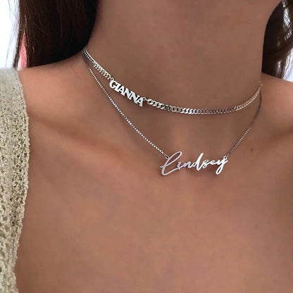 Custom Sideways Name Necklaces Pendants Stainless Steel Jewelry Cuban Chain Personalized Nameplate Choker Women Handmade Gifts - Amazhona 