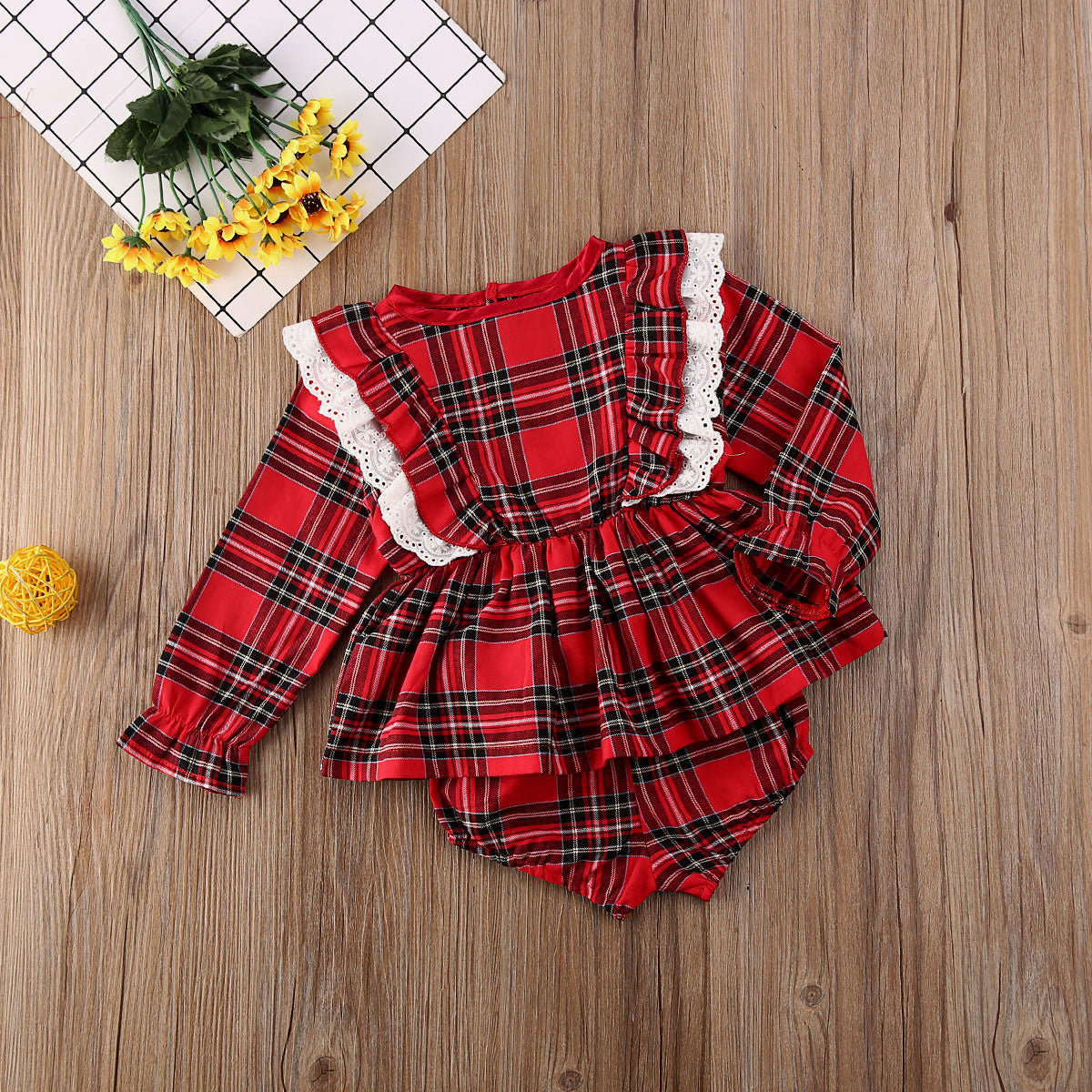 Cute Bow Girl Baby Lace Trim Red Plaid Small Suit - Amazhona 