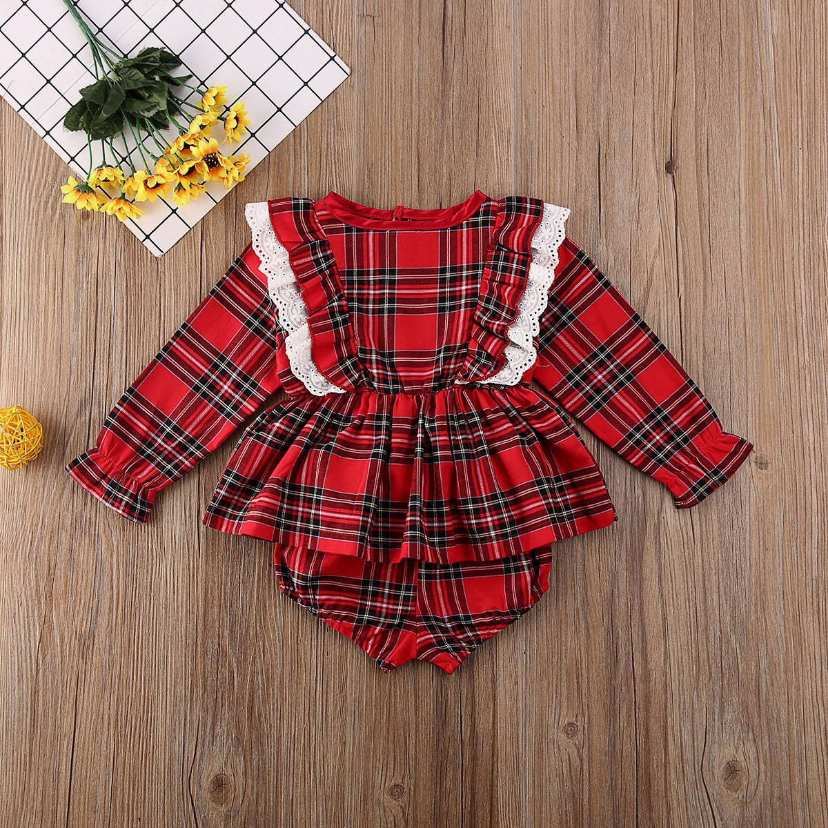 Cute Bow Girl Baby Lace Trim Red Plaid Small Suit - Amazhona 