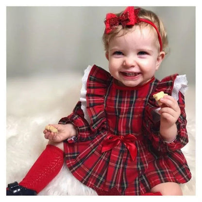 Cute Bow Girl Baby Lace Trim Red Plaid Small Suit - Amazhona 