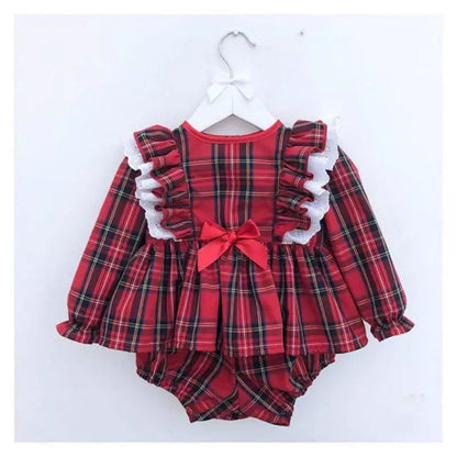 Cute Bow Girl Baby Lace Trim Red Plaid Small Suit - Amazhona 