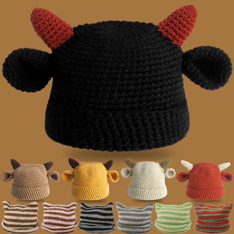 Cute Devil Horn Knitting Striped Beanie Hat 2022 Autumn Winter Knitted Wool Caps Girl Cat Ear Pointed Pullover Women Bonnet Hats - Amazhona 