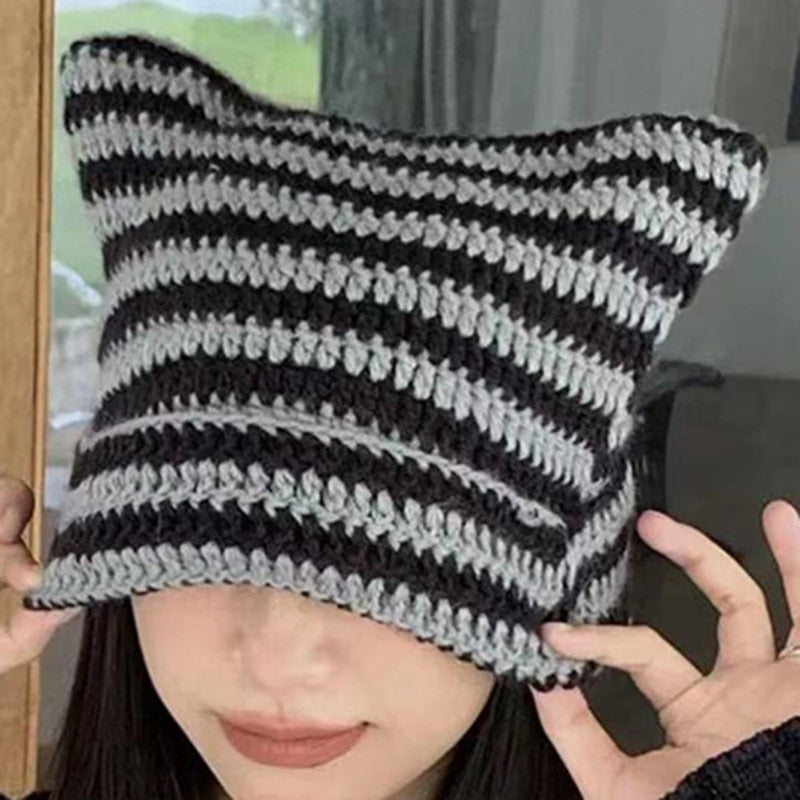 Cute Devil Horn Knitting Striped Beanie Hat 2022 Autumn Winter Knitted Wool Caps Girl Cat Ear Pointed Pullover Women Bonnet Hats - Amazhona 