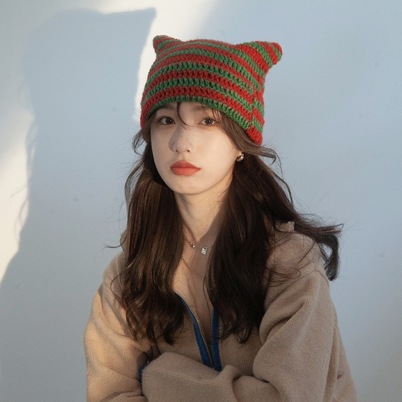 Cute Devil Horn Knitting Striped Beanie Hat 2022 Autumn Winter Knitted Wool Caps Girl Cat Ear Pointed Pullover Women Bonnet Hats - Amazhona 