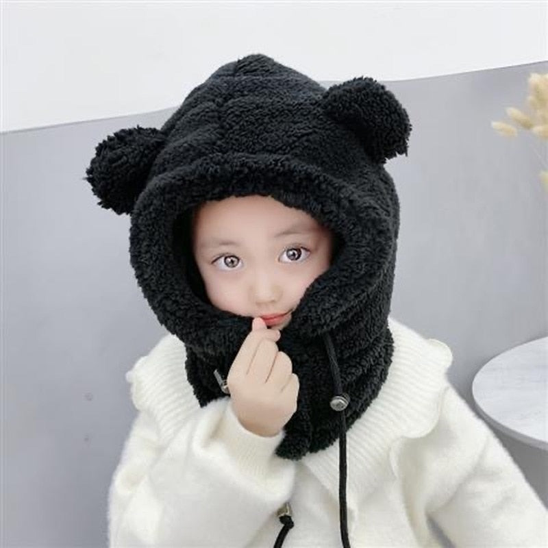 Cute Winter Earflaps Bear Ears Hats Plush Bear Balaclava Children Thick Warm Mask Beanies Skullies for Women Girl Bonnet Hood - Amazhona 