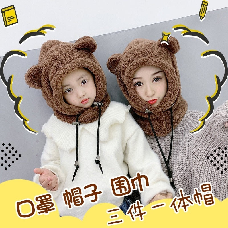 Cute Winter Earflaps Bear Ears Hats Plush Bear Balaclava Children Thick Warm Mask Beanies Skullies for Women Girl Bonnet Hood - Amazhona 