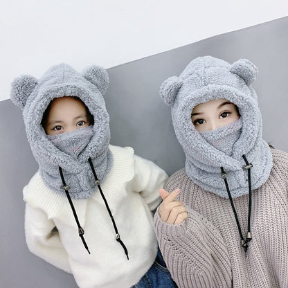 Cute Winter Earflaps Bear Ears Hats Plush Bear Balaclava Children Thick Warm Mask Beanies Skullies for Women Girl Bonnet Hood - Amazhona 