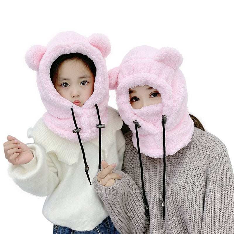 Cute Winter Earflaps Bear Ears Hats Plush Bear Balaclava Children Thick Warm Mask Beanies Skullies for Women Girl Bonnet Hood - Amazhona 