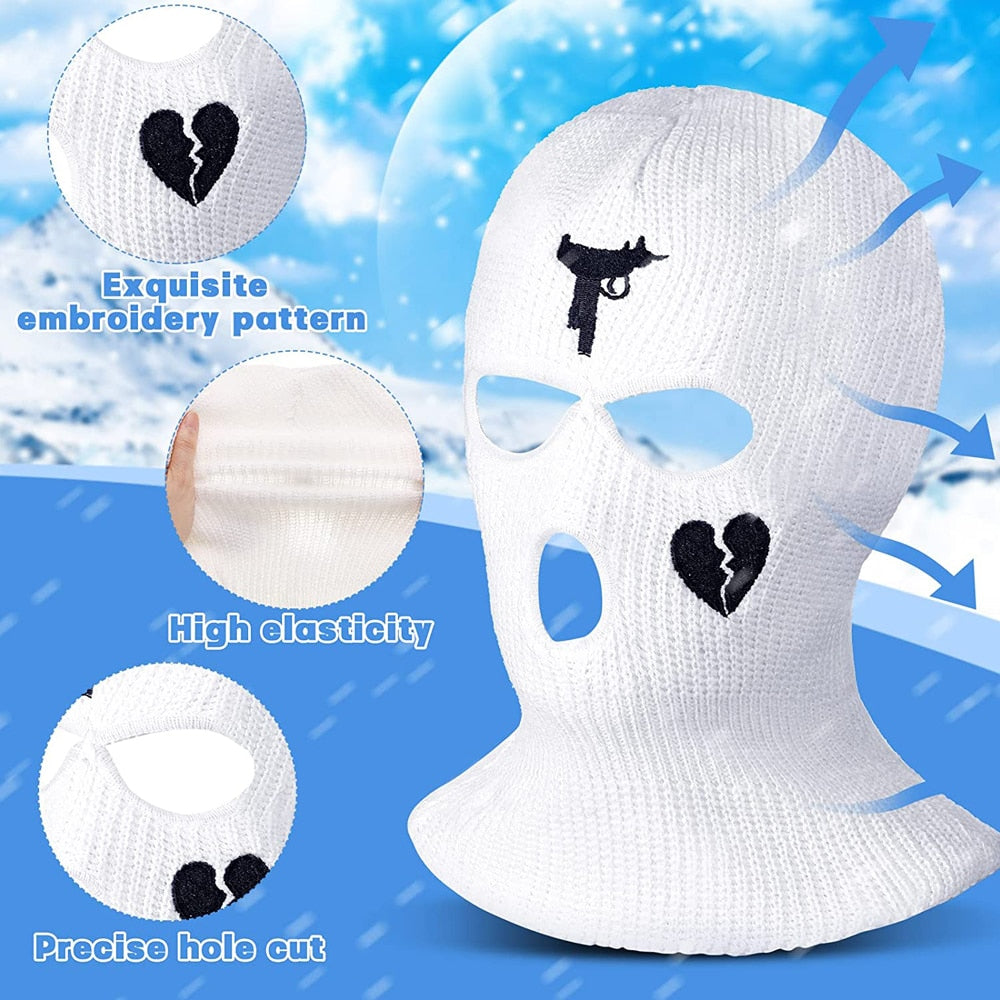 Cycling Knit Ski Mask 3 Hole Balaclava Knitted Full Face Cover "Heart" Embroidery Winter Windproof Neck Warmer Thermal - Amazhona 