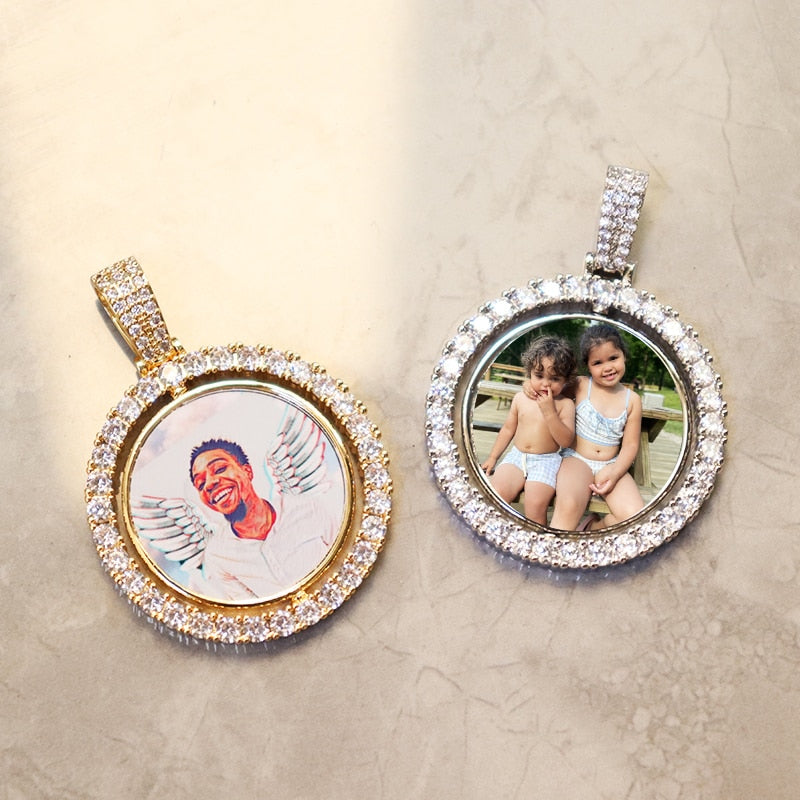 D&Z Custom Made Photo Rotating double-sided Medallions Pendant Micro Paved CZ Round Pendant Collier For Men Women Accessories - Amazhona 