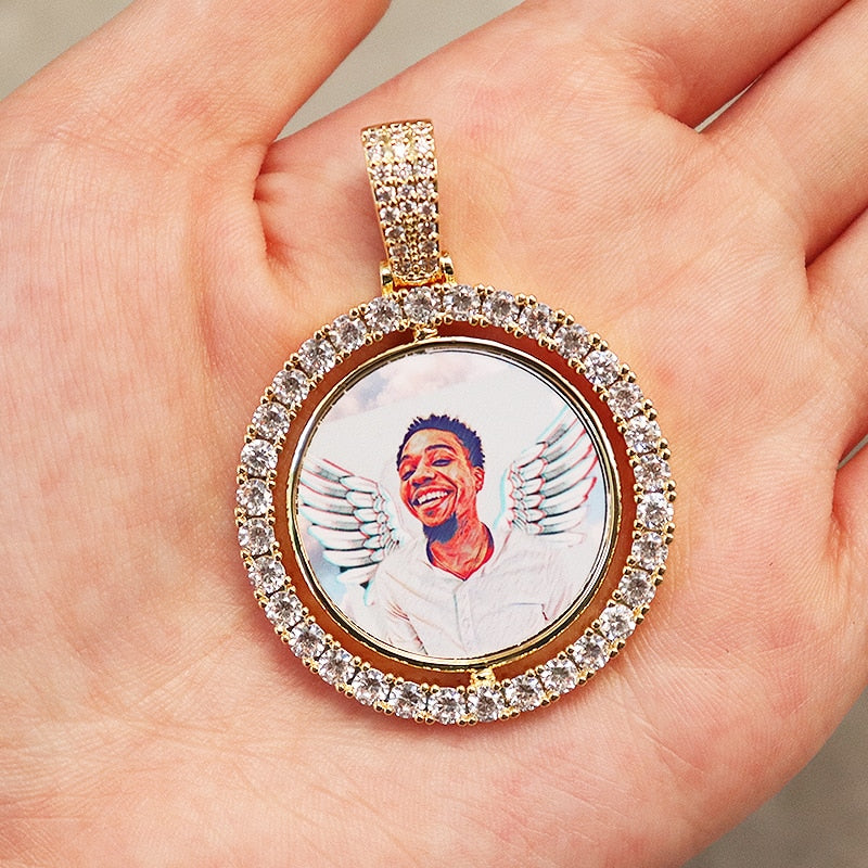 D&Z Custom Made Photo Rotating double-sided Medallions Pendant Micro Paved CZ Round Pendant Collier For Men Women Accessories - Amazhona 