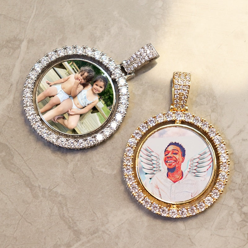 D&Z Custom Made Photo Rotating double-sided Medallions Pendant Micro Paved CZ Round Pendant Collier For Men Women Accessories - Amazhona 