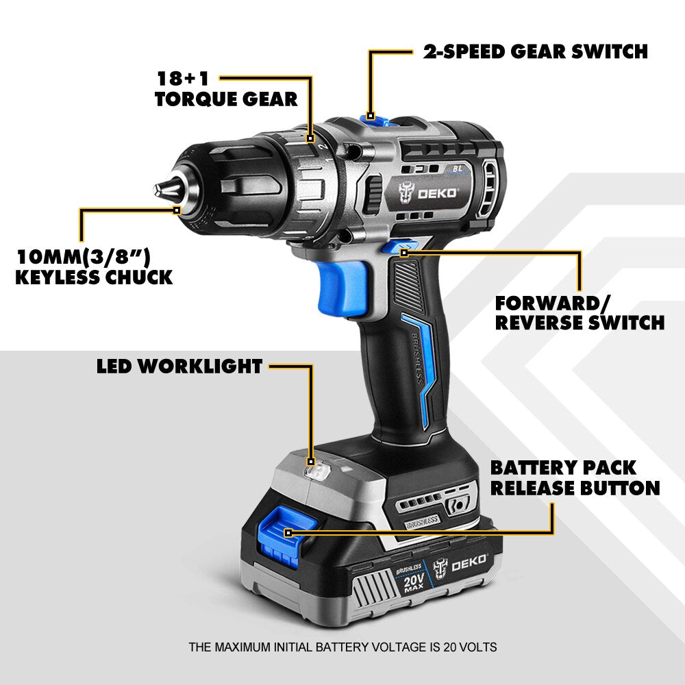 DEKO 20V Brushless Drill 42N.M Electric Screwdriver,18+1 Torque Settings,2-Speeds,3/8" Keyless Chuck Power Tools(DKBL20DU3) - Amazhona 