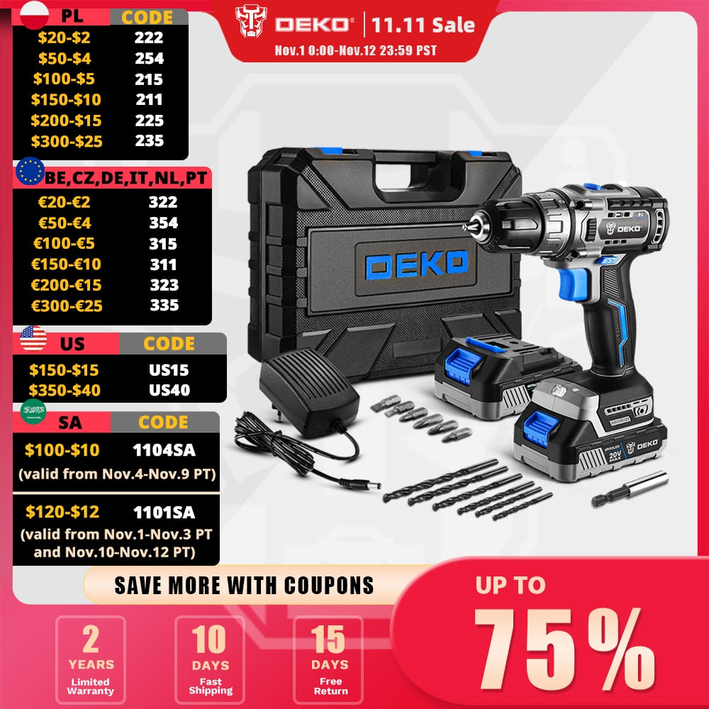 DEKO 20V Brushless Drill 42N.M Electric Screwdriver,18+1 Torque Settings,2-Speeds,3/8" Keyless Chuck Power Tools(DKBL20DU3) - Amazhona 