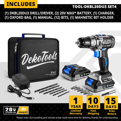 DEKO 20V Brushless Drill 42N.M Electric Screwdriver,18+1 Torque Settings,2-Speeds,3/8" Keyless Chuck Power Tools(DKBL20DU3) - Amazhona 