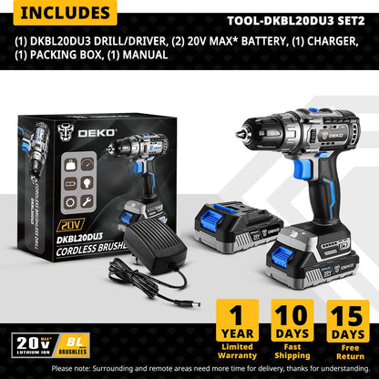 DEKO 20V Brushless Drill 42N.M Electric Screwdriver,18+1 Torque Settings,2-Speeds,3/8" Keyless Chuck Power Tools(DKBL20DU3) - Amazhona 