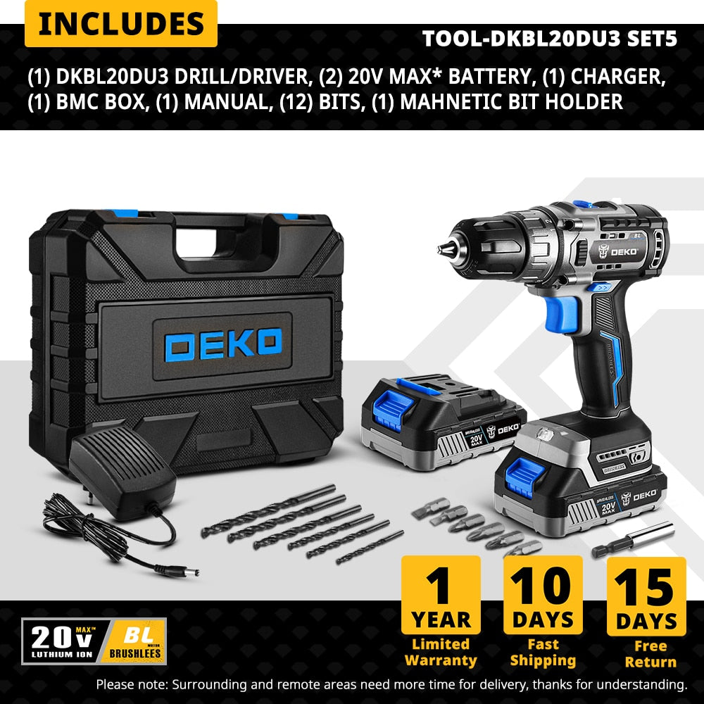 DEKO 20V Brushless Drill 42N.M Electric Screwdriver,18+1 Torque Settings,2-Speeds,3/8" Keyless Chuck Power Tools(DKBL20DU3) - Amazhona 