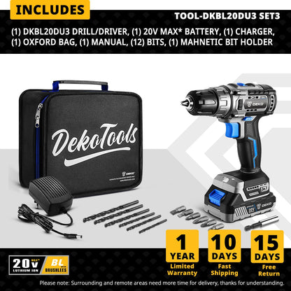 DEKO 20V Brushless Drill 42N.M Electric Screwdriver,18+1 Torque Settings,2-Speeds,3/8" Keyless Chuck Power Tools(DKBL20DU3) - Amazhona 