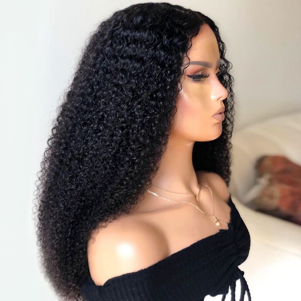 Density Long Kinky Curly Wig Lace Front Human Hair Fluffy - Amazhona 