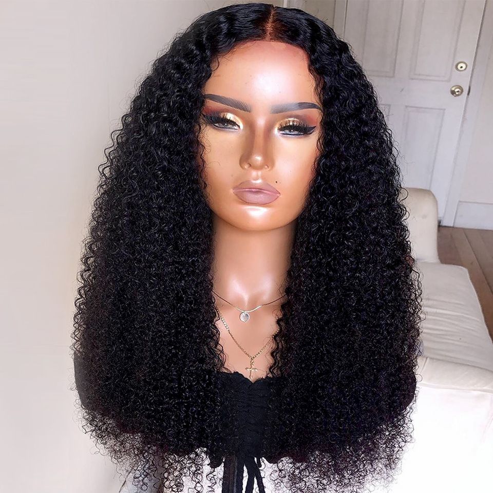 Density Long Kinky Curly Wig Lace Front Human Hair Fluffy - Amazhona 