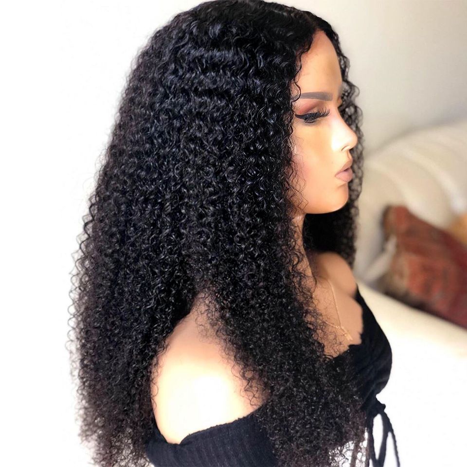 Density Long Kinky Curly Wig Lace Front Human Hair Fluffy - Amazhona 