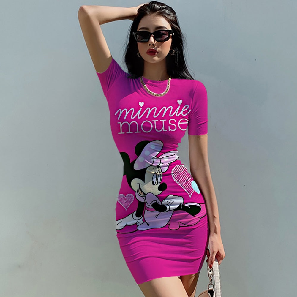 Disney Mickey Mouse Woman Dresses Elegant Dress Office Tight Slim Lady O Neck Summer Casual Cartoon 3D print Mini Dress Vestidos - Amazhona 