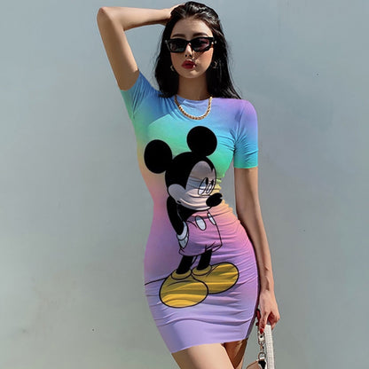 Disney Mickey Mouse Woman Dresses Elegant Dress Office Tight Slim Lady O Neck Summer Casual Cartoon 3D print Mini Dress Vestidos - Amazhona 