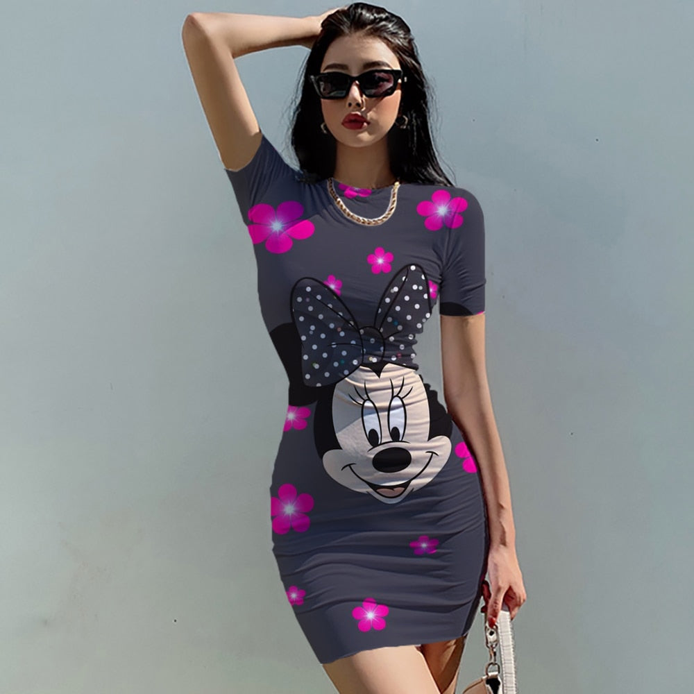 Disney Mickey Mouse Woman Dresses Elegant Dress Office Tight Slim Lady O Neck Summer Casual Cartoon 3D print Mini Dress Vestidos - Amazhona 