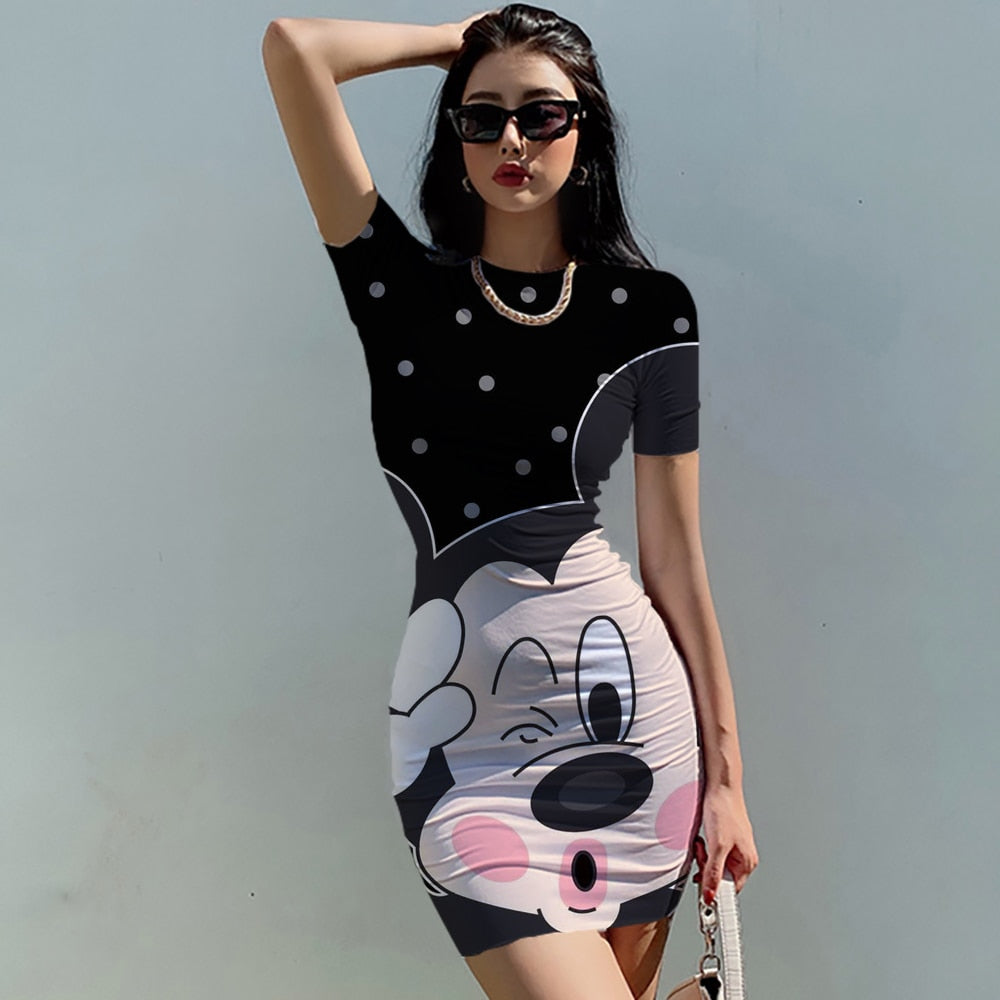 Disney Mickey Mouse Woman Dresses Elegant Dress Office Tight Slim Lady O Neck Summer Casual Cartoon 3D print Mini Dress Vestidos - Amazhona 