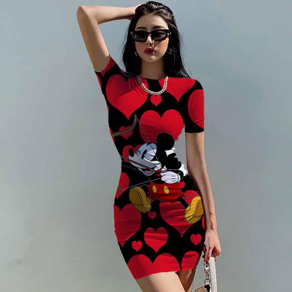 Disney Mickey Mouse Woman Dresses Elegant Dress Office Tight Slim Lady O Neck Summer Casual Cartoon 3D print Mini Dress Vestidos - Amazhona 