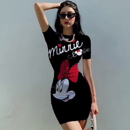 Disney Mickey Mouse Woman Dresses Elegant Dress Office Tight Slim Lady O Neck Summer Casual Cartoon 3D print Mini Dress Vestidos - Amazhona 