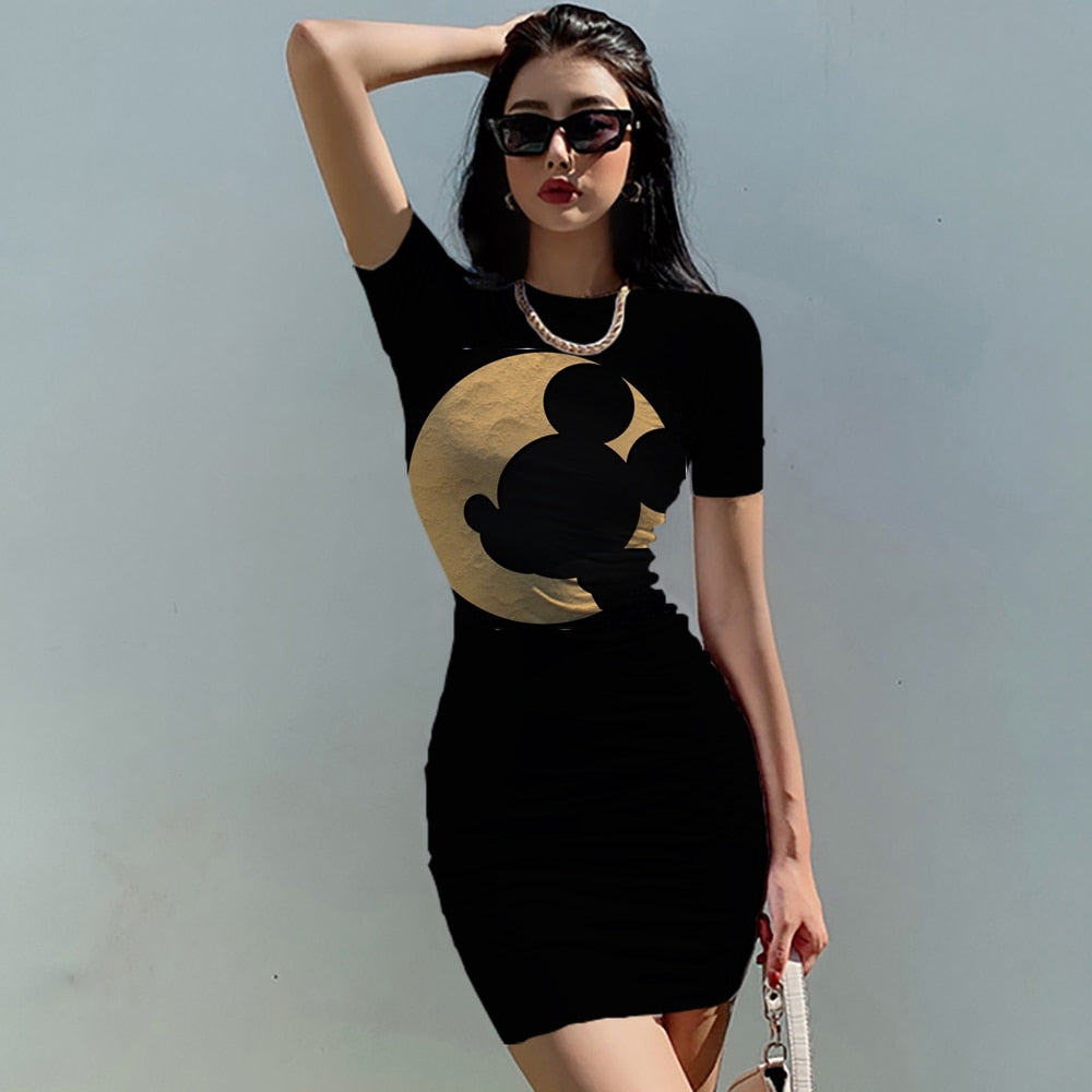 Disney Mickey Mouse Woman Dresses Elegant Dress Office Tight Slim Lady O Neck Summer Casual Cartoon 3D print Mini Dress Vestidos - Amazhona 