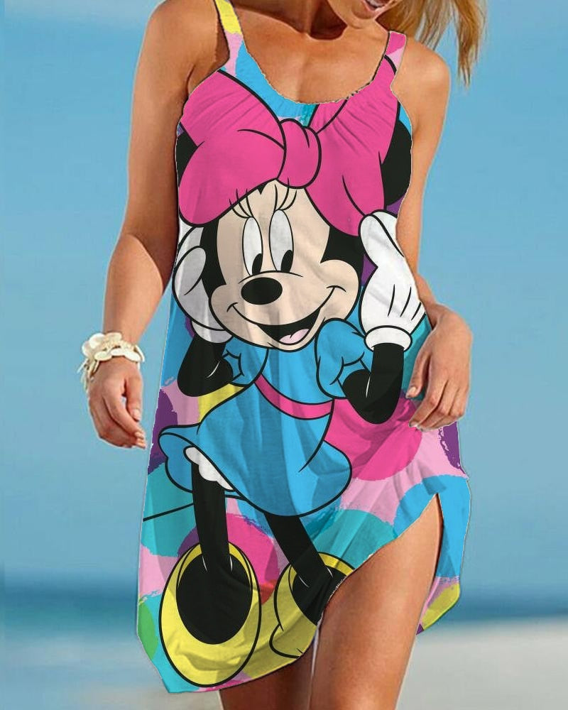 Disney Minnie Mickey Mouse Women Dresses 3D Dye Print Fashion Sleeveless Summer Halter Casual Sexy Dress Loose Kawaii Dress - Amazhona 