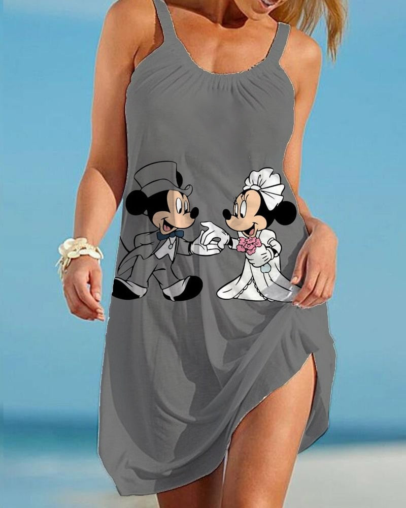 Disney Minnie Mickey Mouse Women Dresses 3D Dye Print Fashion Sleeveless Summer Halter Casual Sexy Dress Loose Kawaii Dress - Amazhona 