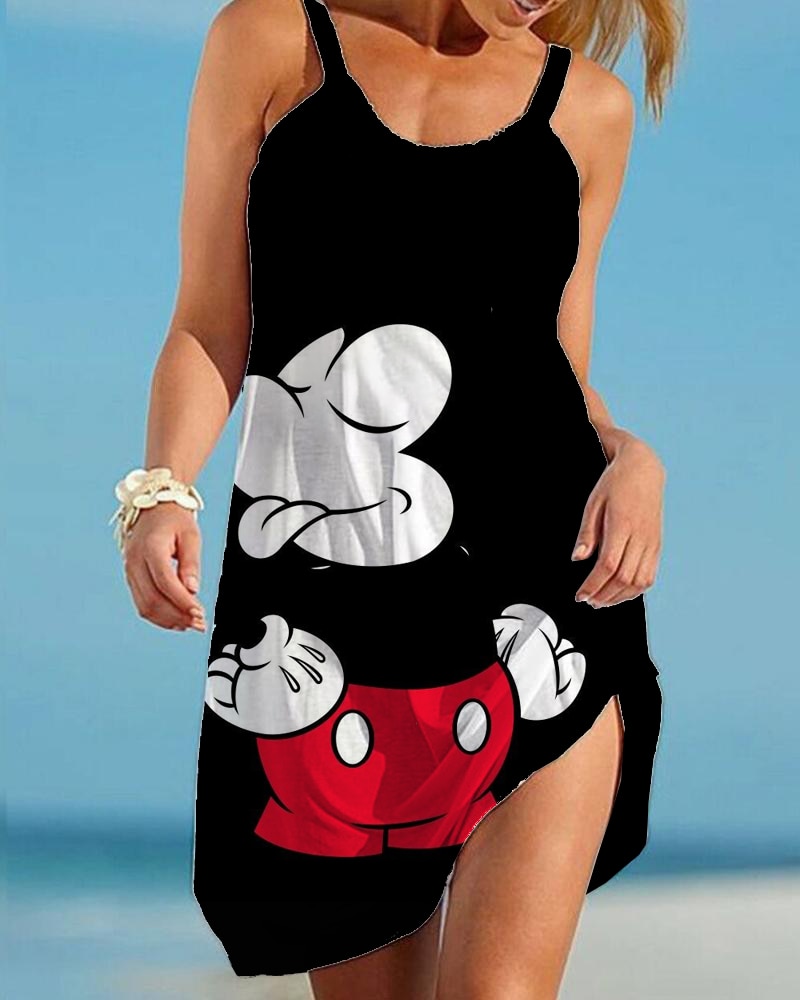 Disney Minnie Mickey Mouse Women Dresses 3D Dye Print Fashion Sleeveless Summer Halter Casual Sexy Dress Loose Kawaii Dress - Amazhona 